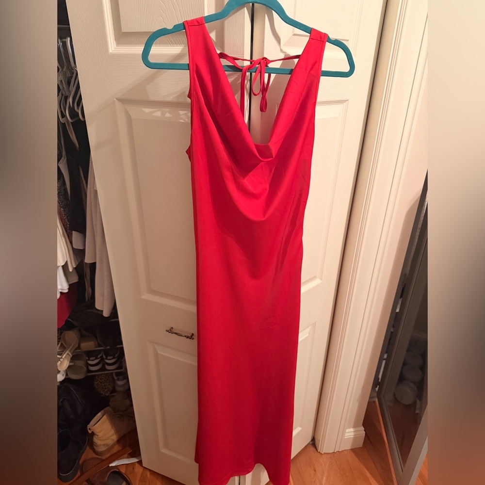 Red Satin Cowl Neck Maxi Dress